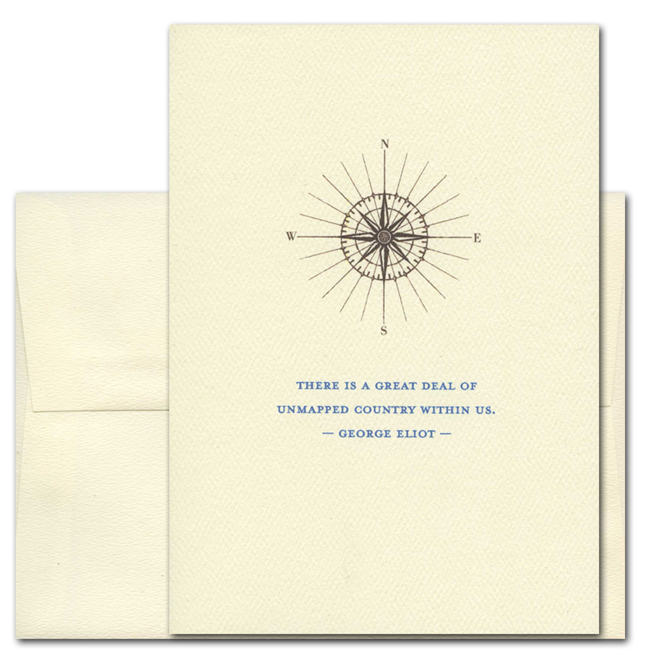 Quotation Card Unmapped Country: Eliot Cover shows vintage illustration of a compass with a quote by George Eliot reading There is a great deal of unmapped country within us.