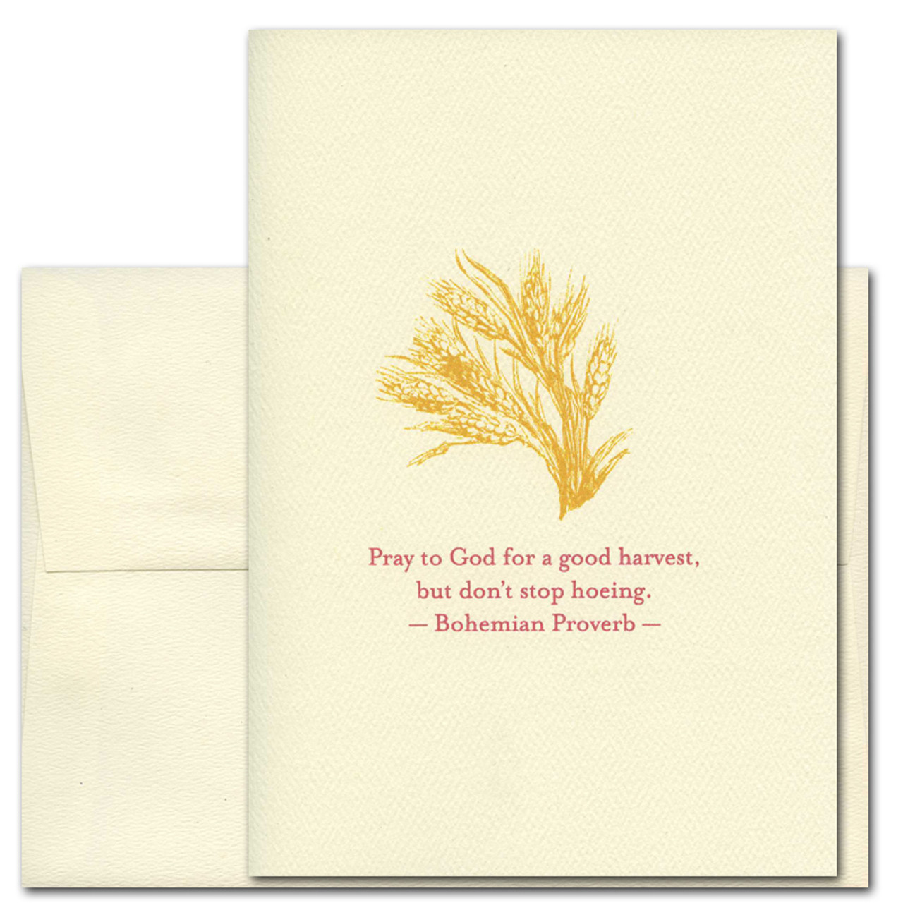 Quotation Card Good Harvest: Bohemian Proverb Cover shows golden vintage illustration of wheat blowing in the breeze with the Bohemian proverb: Pray to God for a good harvest, but don't stop hoeing.