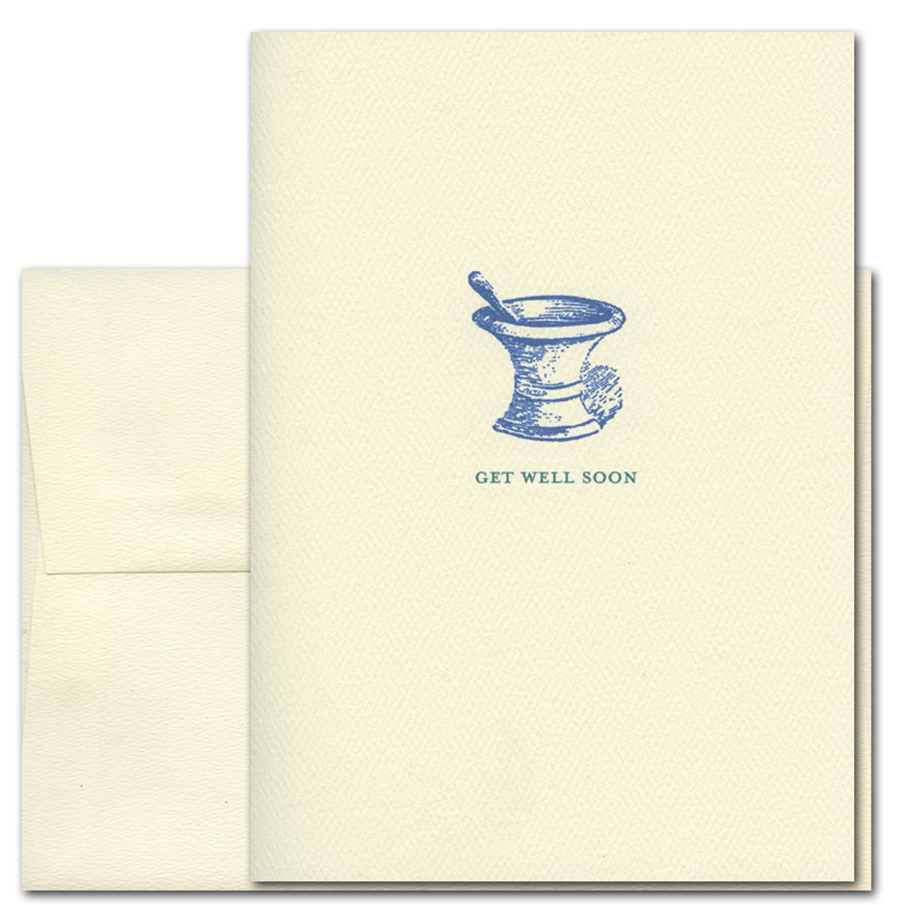 Get Well Card- Old Fashioned illustration of a mortar and pestle with the words "Get Well Soon"