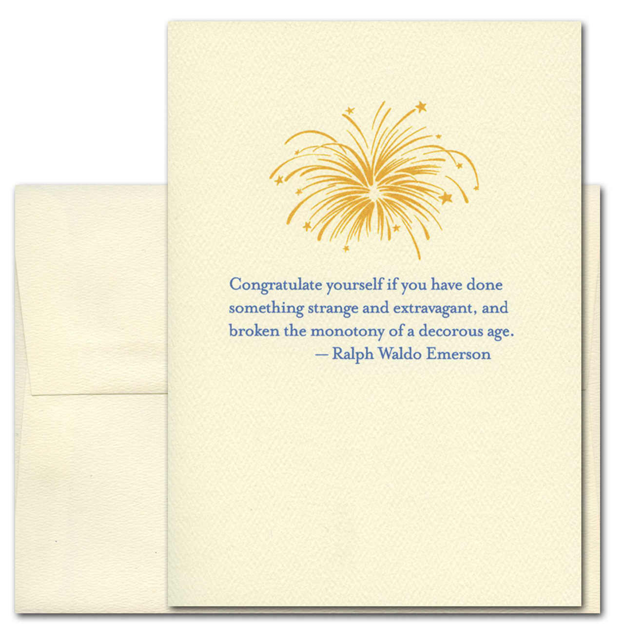 Quotation Card Congratulate Yourself: Emerson Cover shows gold vintage style fireworks drawing with stars and a quote by Ralph Waldo Emerson reading: Congratulate yourself if you have done something strange and extravagant, and broken the monotony of a decorous age.