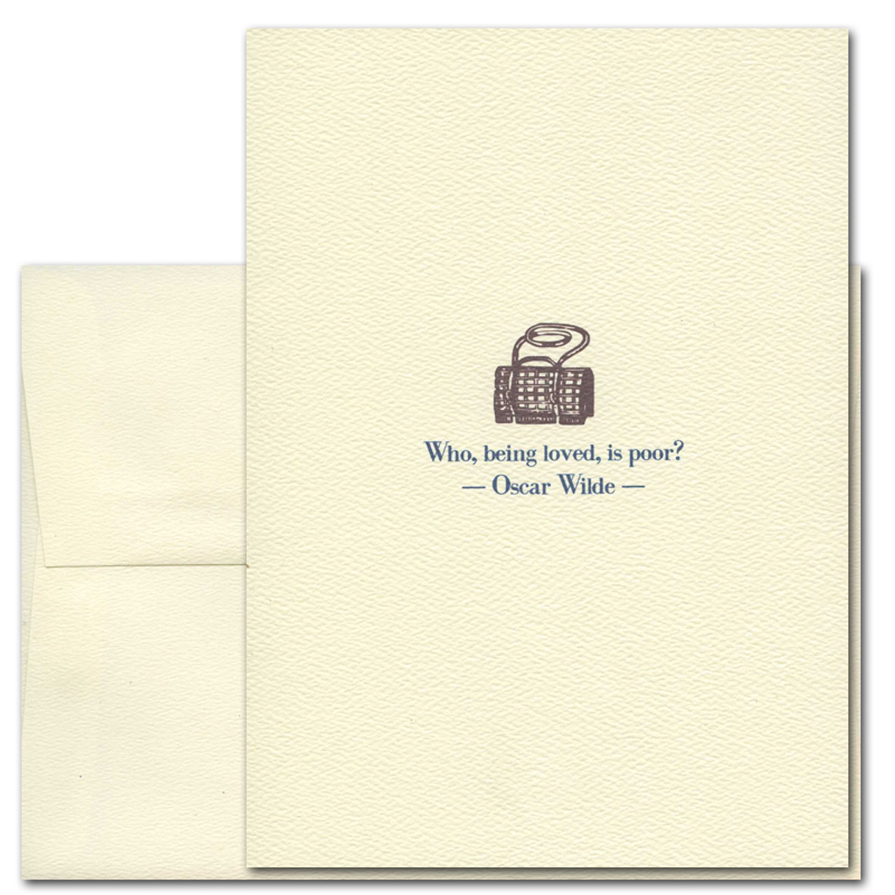 Quotation Card Who Is Poor: Wilde Cover shows a vintage illustration of a purse with a quote by Oscar Wilde that reads Who, being loved, is poor? 
