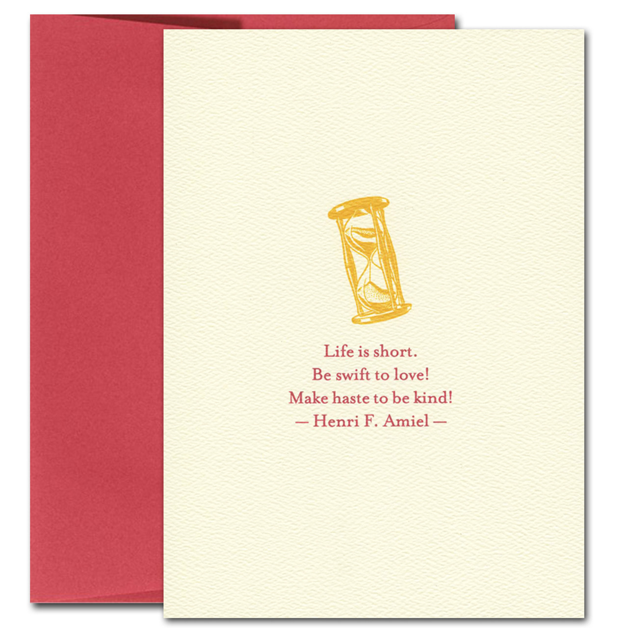Picture of Valentine Card "Make Haste" with an illustration of an hourglass and a quotation by Henri F Amiel