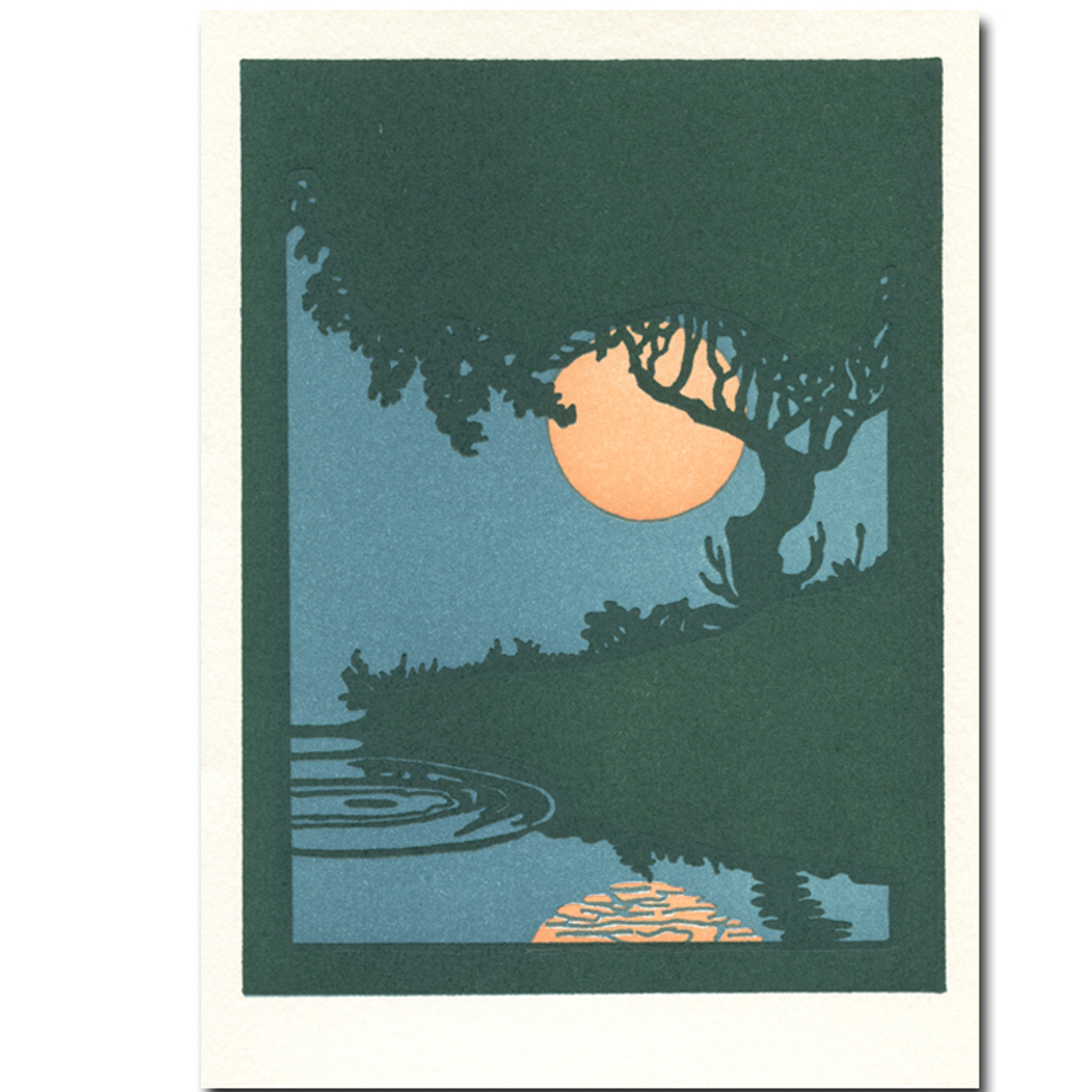 Summertime: Saturn Press letterpress card features a summer moon shining through the trees and reflecting in the river