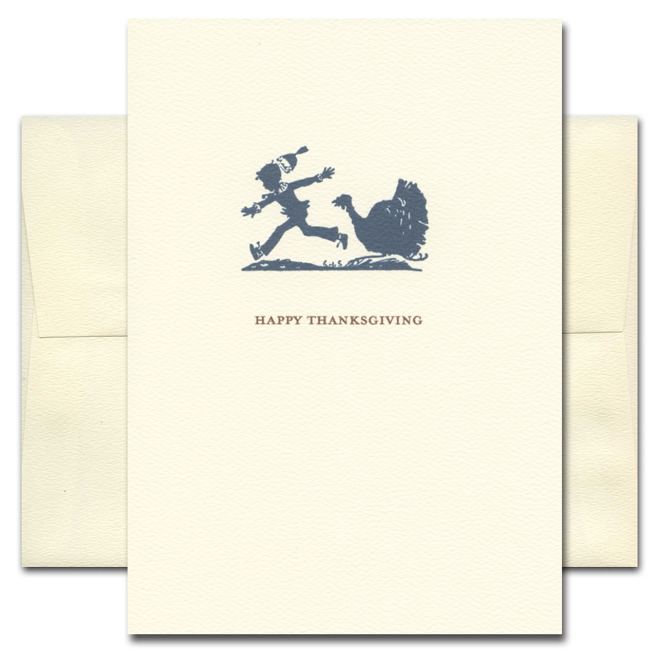 Thanksgiving Card - Turkey Time. Cover shows silhouette of turkey chasing a youngster and the words Happy Thanksgiving