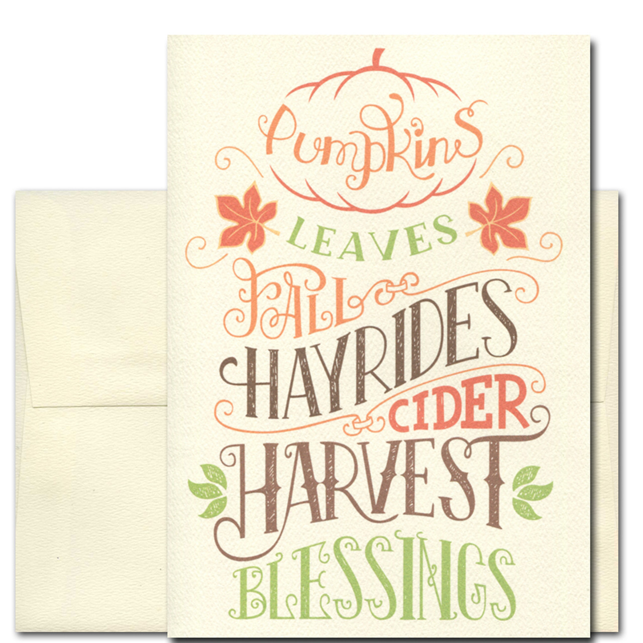 Fall Days card cover has hand-lettered wording: pumpkins, leaves, fall, hayrides, harvest, blessings