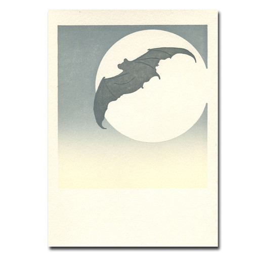 Saturn Press letterpress card Moon Bat shows a flying bat silhouetted against the moon