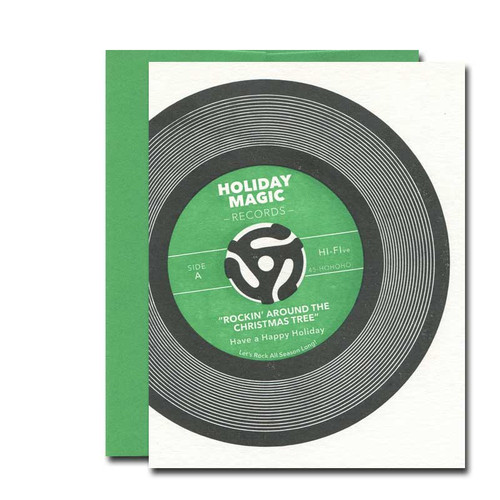 Magic Record Holiday Card from a. favorite design shows a classic 45 rpm record with the song Rockin' Around the Christmas Tree