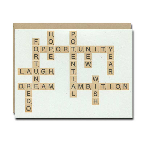Scrabble New Year Card from a. favorite design shows a collection Scrabble words, including hope, opportunity, fortune and dream.