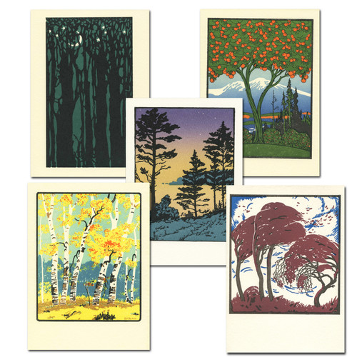 Boxed assortment of  Saturn Press letterpress cards celebrating trees.