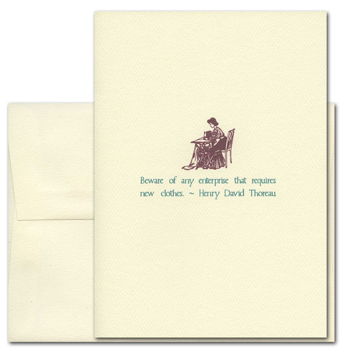 Quotation Card New Clothes: Thoreau Cover shows old fashioned illustration of a woman sewing on a sewing machine with a quote from Henry David Thoreau that reads: Beware of any enterprise that requires new clothes.