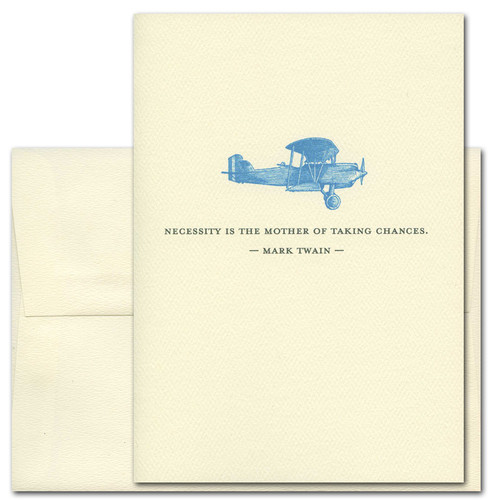 Quotation Card Necessity: Twain Cover shows blue vintage drawing of an airplane with a quote from Mark Twain reading Necessity is the mother of taking chances.