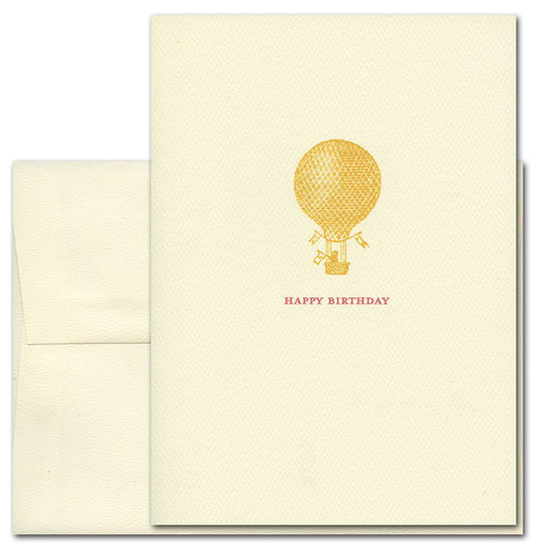 Boxed Classic Business Birthday Card Golden Balloon Cover with illustration of gold hot air balloon and the words “Happy Birthday” in red lettering