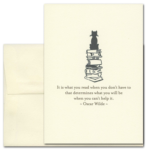 Quotation Card What You Read: Wilde Cover shows a vintage style drawing of a cat sitting atop a pile of books with a quote by Oscar Wilde that reads: It is what you read when you don't have to that determines what you will be when you can't help it.