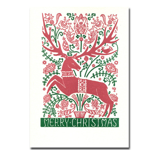 Folk Deer Letterpress Holiday card features a red and green print of a deer and the words Merry Christmas