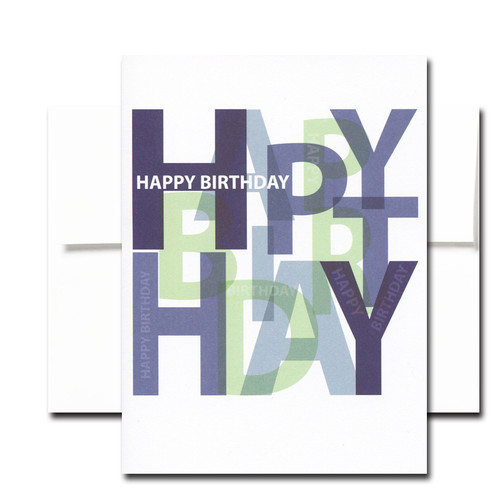Boxed Birthday Card - Bold Letters has blue and green letters that spell out Happy Birthday