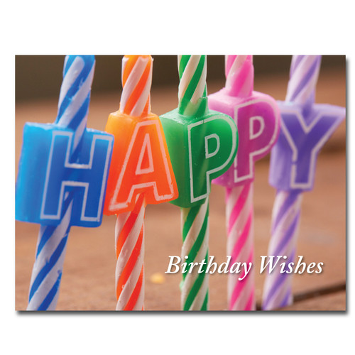 Happy Letters Birthday Postcard has close up of birthday candles and the words "Birthday Wishes"