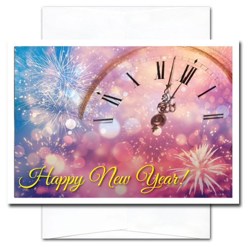 Minutes til Midnight New Year Card shows a clock face surrounded by sparkling confetti and starbursts