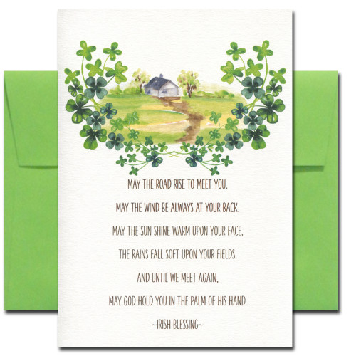 Saint Patrick's Day card cover shows a cottage and a traditional Irish blessing