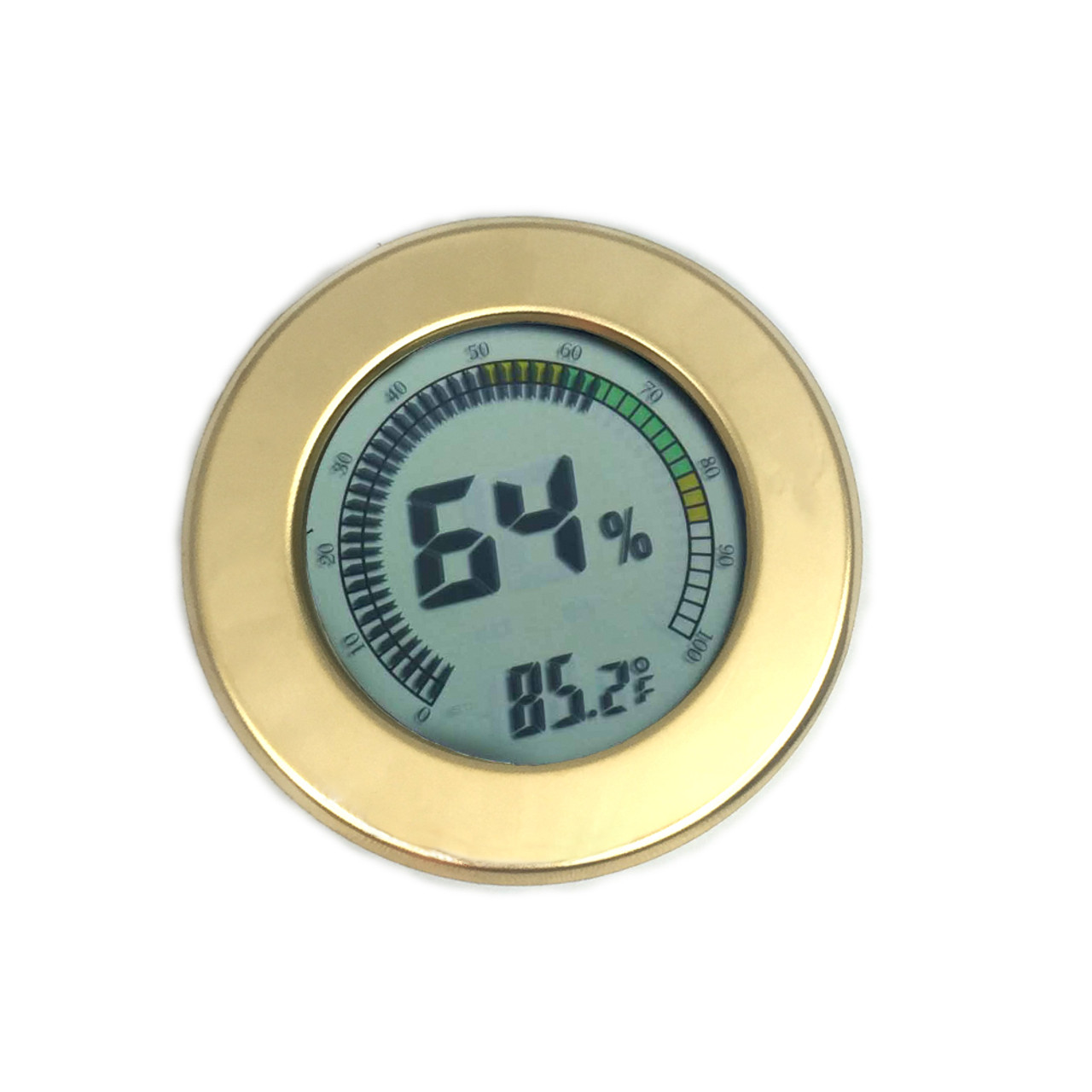 Gold Bezel Multi-Colored Gauge Round Digital Hygrometer w/ Calibration  Feature - Includes Battery