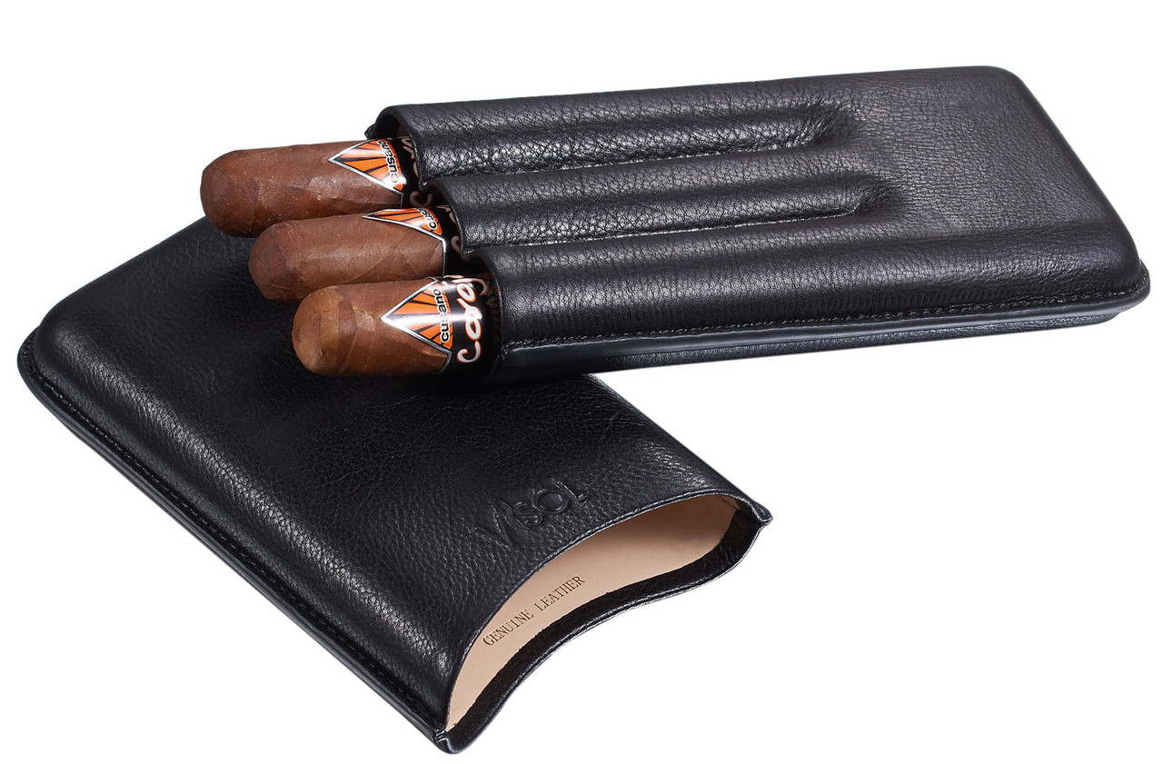 Visol Legend Black Genuine Leather Cigar Case - Holds 3 Cigars