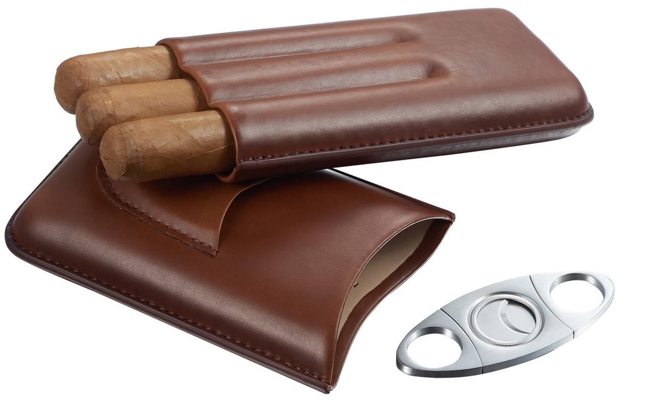 Visol Legend Brown Genuine Leather Cigar Case With Cutter