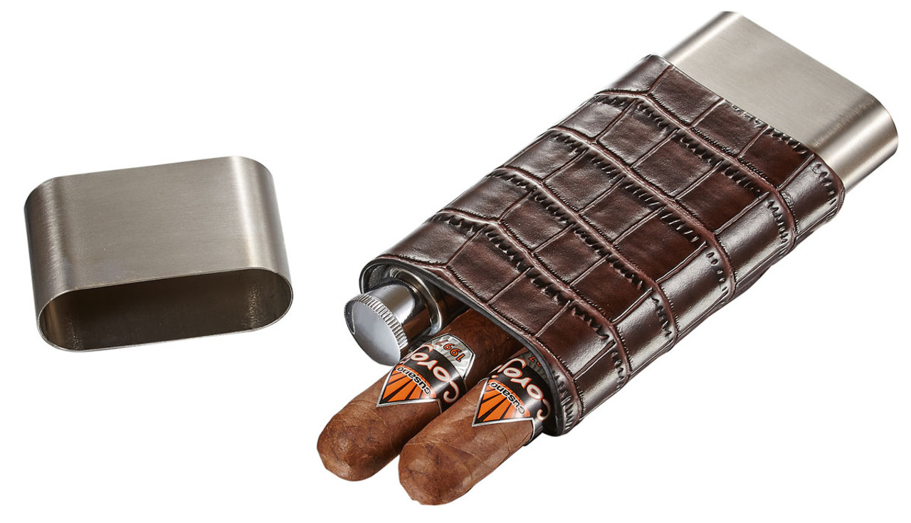 Visol Hacienda Crocodile Patterned Leather and Stainless Steel Cigar Case  Flask Combo - VCASE723