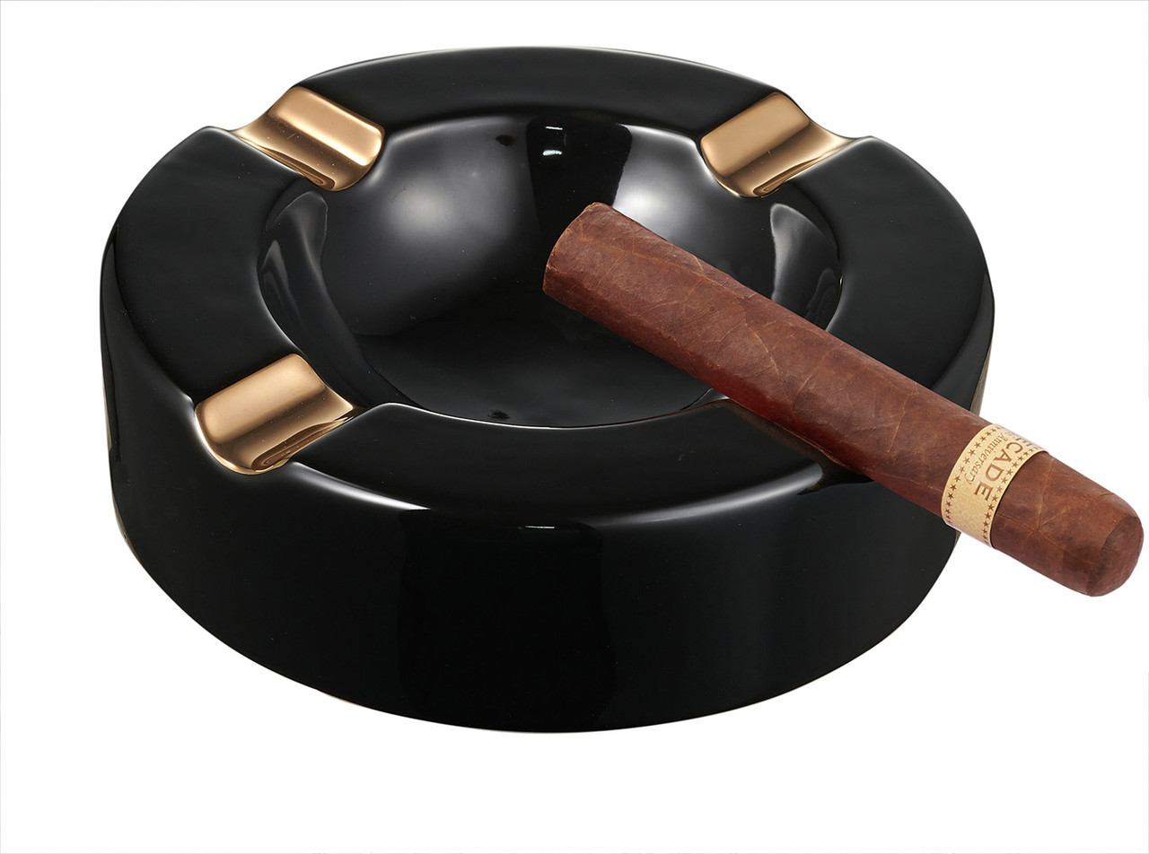 Visol Midas Black & Gold Round Ceramic Cigar Ashtray - VASH438 - Visol
