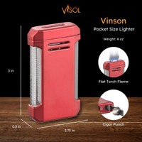 Visol Vinson Flat Torch Flame Lighter with Cigar Punch - Red- VLR4-Vinson-RD