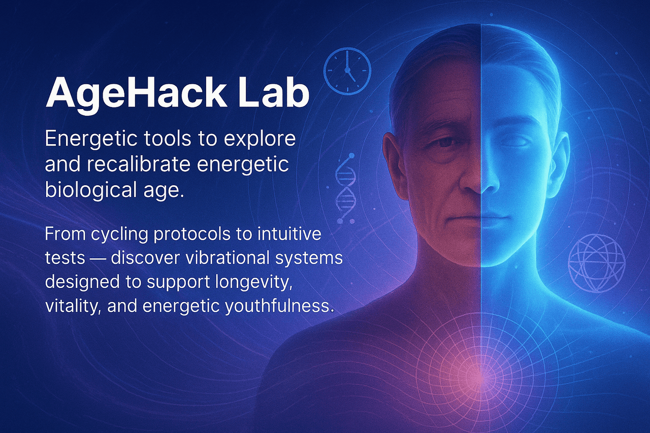 AgeHack Lab energetic tools and frequency-based programs supporting awareness of energy-biological aging – includes Age Calculator App, Field Recalibration Protocol, and Program Cycling division (longevity tools for vitality support and energy tracking)