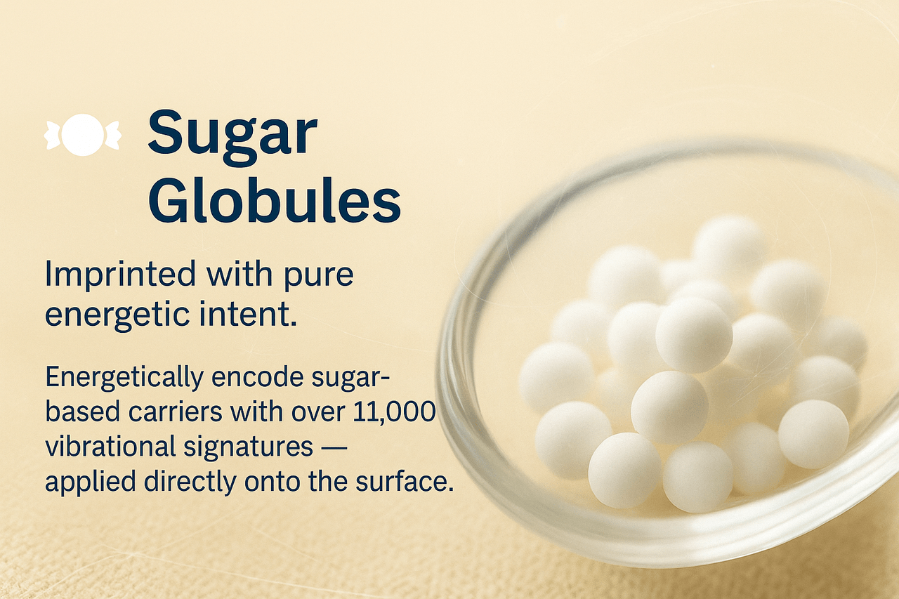 Sugar globules encoded with selected energetic frequencies – informational vibrational carriers designed for personal frequency practices and energetic alignment (imprinting granules and frequency delivery system)