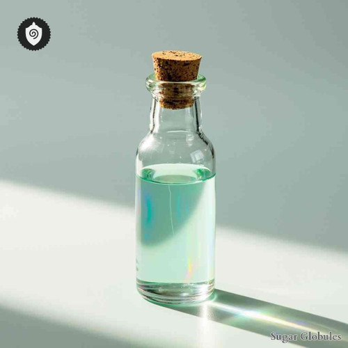 Aqua Camelfordi sugar spheres in spherical configuration for energetic homeopathic (nonmedical) physical remedy presentation