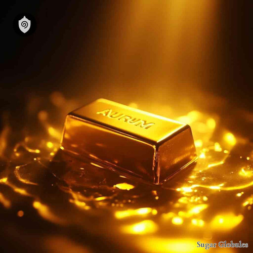 Aurum Metallicum sugar spheres in compact orb form for energetic homeopathic (nonmedical) physical remedy presentation