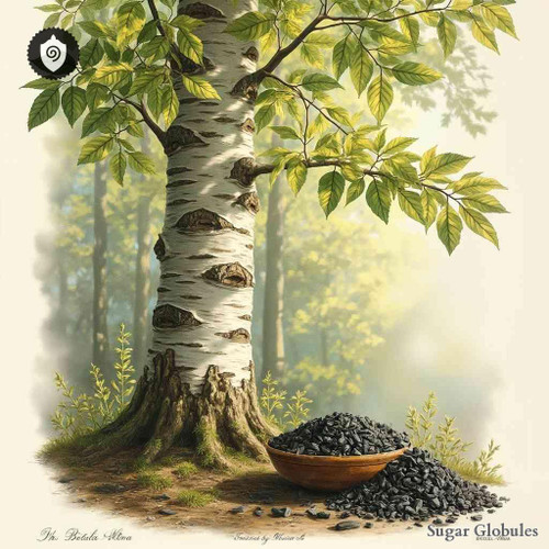 Betula Alba, Carbo Betulae Polaris sugar spheres in crystalline granule format for energetic homeopathic (nonmedical) dry-form storage