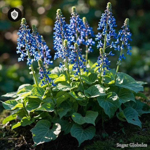 Brunnera Macrophylla sugar spheres in spherical format for energetic homeopathic (nonmedical) product display and storage