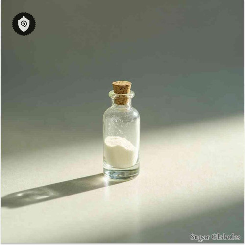 Calcarea Phospho-Lactica sugar granules in orb format for energetic homeopathic (nonmedical) remedy presentation and storage use