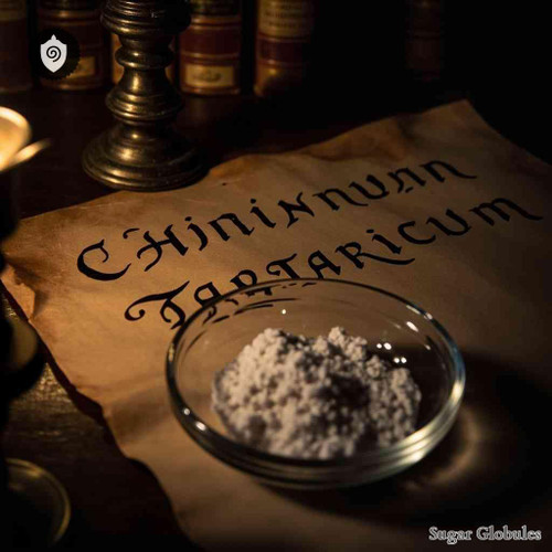 Chininum Tartaricum sugar spheres in precise orb format for energetic homeopathic (nonmedical) solid-form presentation and storage