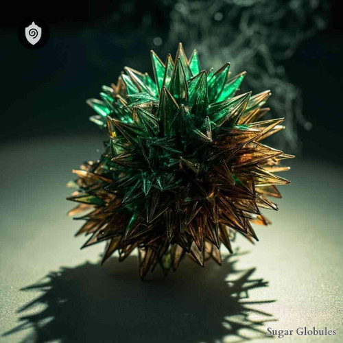 Chromium Arsenatum sugar granules in spherical form for energetic homeopathic (nonmedical) dry-form storage and presentation