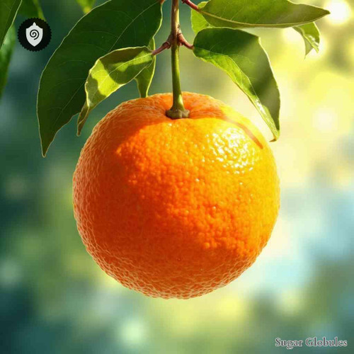 Citrus Sinensis sugar spheres in uniform orb presentation for energetic homeopathic (nonmedical) dry-form remedy distribution