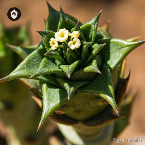 Euphorbia Ceratocarpa sugar spheres in granular orb form for energetic homeopathic (nonmedical) physical product presentation