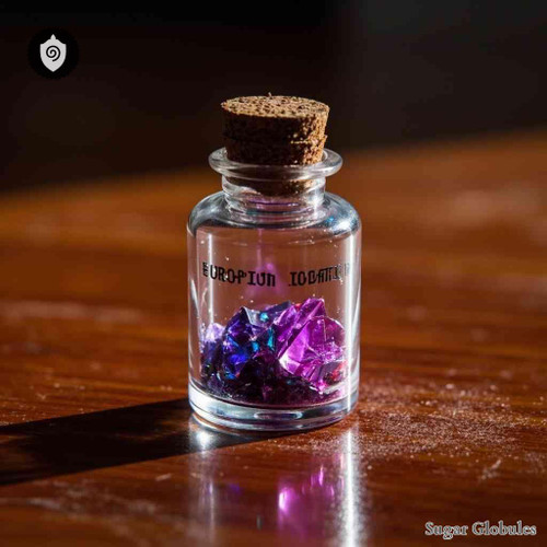 Europium Iodatum sugar spheres in orb format for energetic homeopathic (nonmedical) dry-form presentation and physical remedy listing