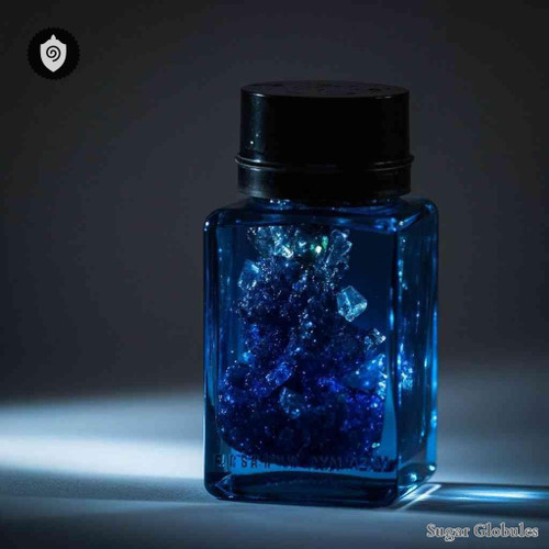 Ferrum Cyanatum sugar spheres in compact orb form for energetic homeopathic (nonmedical) physical remedy presentation