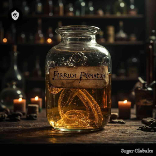 Ferrum Pomatum sugar granules in uniform orb format for energetic homeopathic (nonmedical) dry-form presentation and storage