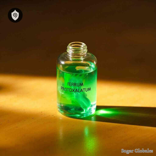 Ferrum Protoxalatum sugar granules in compact orb form for energetic homeopathic (nonmedical) physical remedy presentation