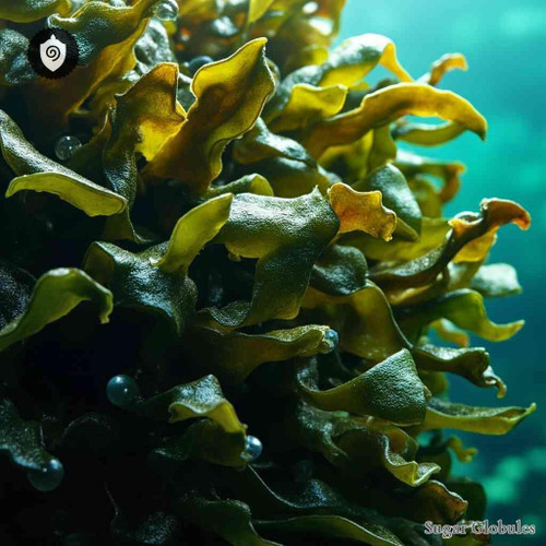 Fucus Platycarpus sugar spheres in uniform granule form for energetic homeopathic (nonmedical) dry-form presentation and storage