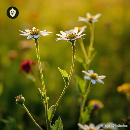 Galinsoga Parviflora sugar spheres in uniform orb format for energetic homeopathic (nonmedical) physical product presentation