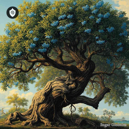 Guaiacum Officinale sugar spheres arranged in uniform granule form for energetic homeopathic (nonmedical) product display