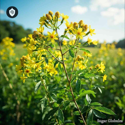 Hypericum Perforatum sugar granules in uniform orb format for energetic homeopathic (nonmedical) physical remedy presentation