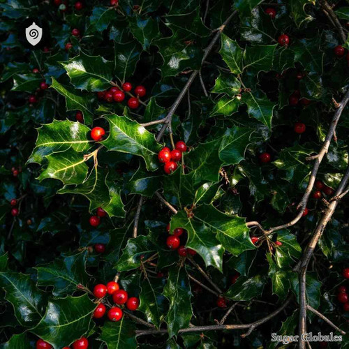 Ilex Aquifolium sugar orbs in spherical form for energetic homeopathic (nonmedical) dry product storage and physical presentation