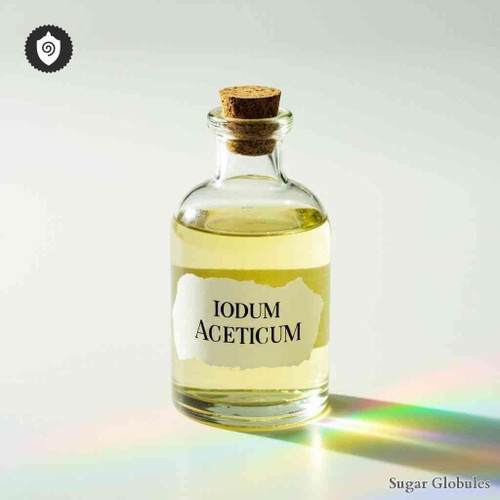 Iodium Aceticum sugar spheres in granular form for energetic homeopathic (nonmedical) dry storage and physical remedy presentation