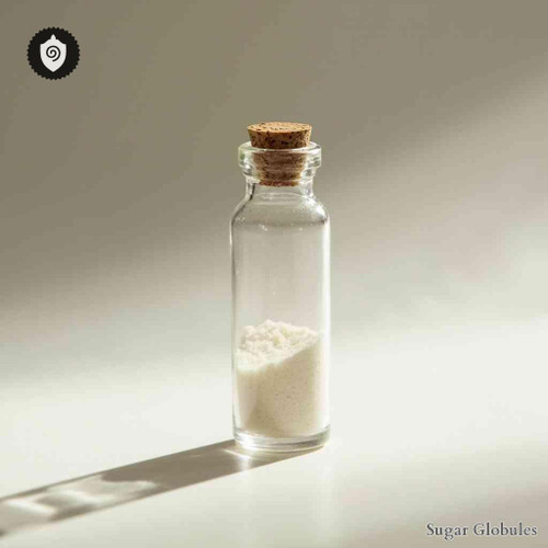 Kalium Carbonicum sugar spheres in consistent orb form for energetic homeopathic (nonmedical) remedy display and standard presentation